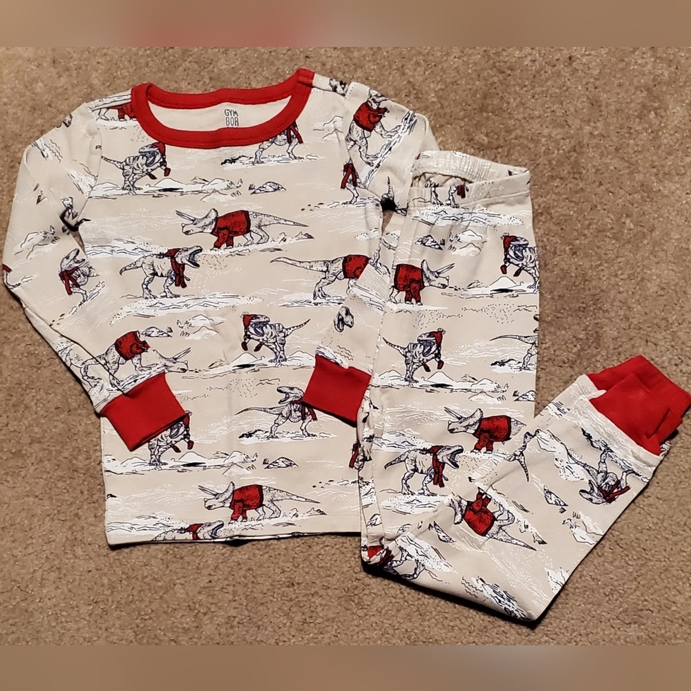Gymboree Red and Cream Pajama Set With Dinosaurs And Festive Design